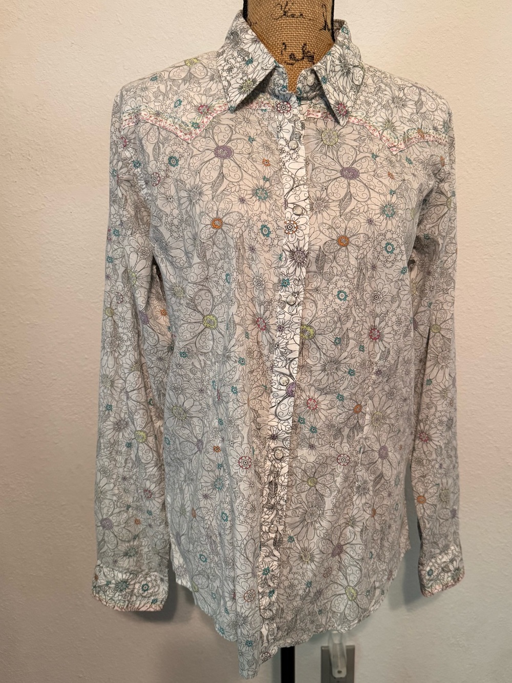 Twenty X Western Shirt L Womens Bling Snap White Floral Long Sleeve Tailored